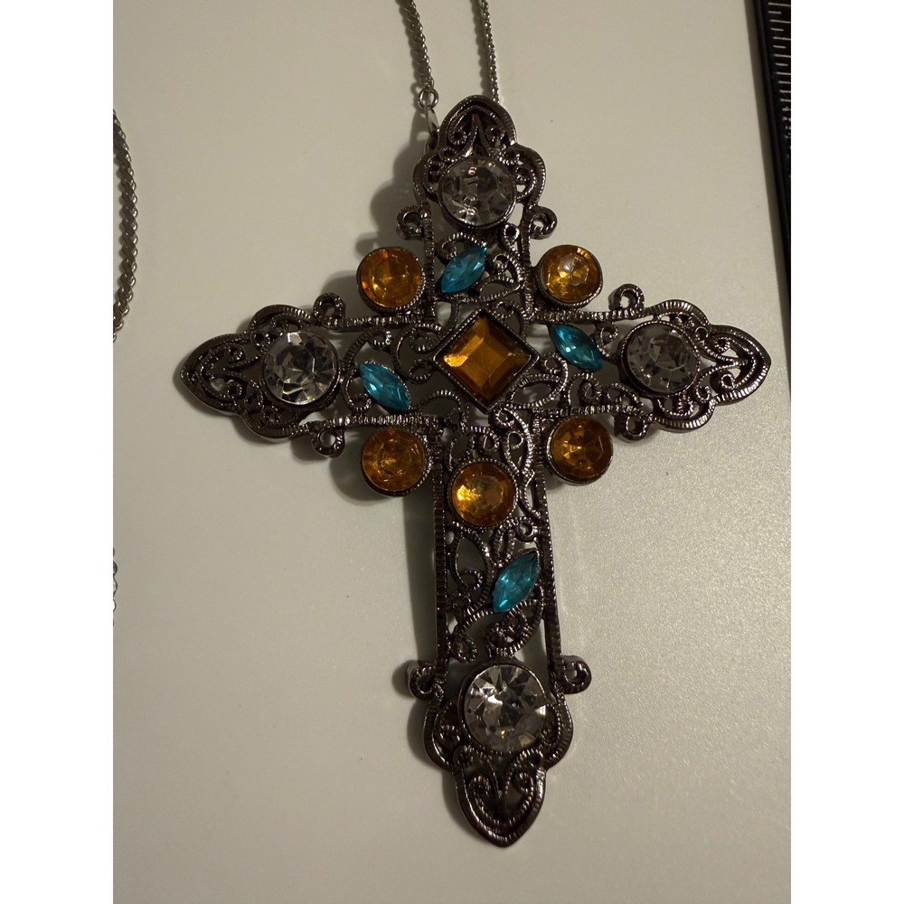 Gothic Ornate Cross Pendant‎ Necklace Gunmetal Amber Teal Rhinestone Statement